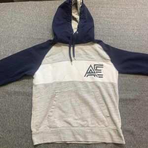 American Eagle Hoodie Mens Medium Gray Blue Color Block Logo Pullover Sweatshirt